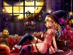 Rule 34 | 1girl, alternate costume, asymmetrical gloves, asymmetrical legwear, black gloves, black thighhighs, blonde hair, candy, couch, crescent, dress, flandre scarlet, food, gloves, glowing, glowing wings, halloween, halloween costume, hat, high heels, jack-o&#039;-lantern, licking, lollipop, looking at viewer, mismatched gloves, mismatched legwear, pink dress, puffy short sleeves, puffy sleeves, red eyes, shironeko yuuki, short sleeves, side ponytail, smile, solo, star (symbol), striped clothes, striped thighhighs, thighhighs, tongue, tongue out, touhou, white gloves, wings, witch hat, zettai ryouiki