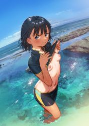 Rule 34 | 1girl, beach, black hair, blue eyes, blush, breasts, breasts out, highres, kofune mio, medium breasts, nipples, one-piece tan, shamonabe, short hair, small breasts, smile, solo, standing, summertime render, swimsuit, tan, tanline