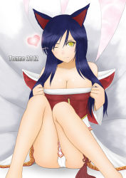 Rule 34 | 1girl, ahri (league of legends), animal ears, bare legs, bare shoulders, blue hair, breasts, cleavage, collarbone, detached sleeves, fox, fox tail, heart, large breasts, league of legends, looking at viewer, multiple tails, one eye closed, panties, pantyshot, sitting, solo, tail, tonnelee, underwear, white panties, wink, yellow eyes