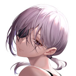 Rule 34 | 1girl, chainsaw man, closed mouth, eyepatch, from behind, grey hair, highres, looking at viewer, looking back, ponytail, portrait, purple eyes, quanxi (chainsaw man), simple background, solo, ulrich (tagaragakuin), white background