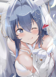 Rule 34 | + +, 1girl, azur lane, blue eyes, blue hair, breasts, bridal veil, cleavage, dress, gloves, hair intakes, heart, highres, jewelry, large breasts, looking at viewer, new jersey (azur lane), new jersey (snow-white ceremony) (azur lane), official alternate costume, one eye closed, pinky out, ring, string, string of fate, tonchinkan, tongue, tongue out, veil, wedding dress