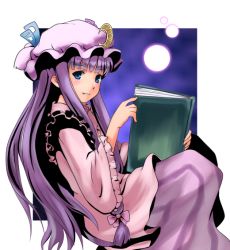 Rule 34 | 1girl, blue eyes, book, crescent, crescent hat ornament, female focus, full moon, hat, hat ornament, long hair, moon, namine0079, patchouli knowledge, purple hair, ribbon, sitting, smile, solo, striped, touhou, vertical stripes