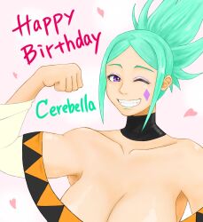 Rule 34 | 1girl, arm up, birthday, breasts, cerebella (skullgirls), character name, cleavage, collarbone, detached collar, eyeshadow, flexing, green hair, green lips, grin, heart, highres, huge breasts, makeup, no headwear, one eye closed, pharaoh13, pink background, ponytail, purple eyes, skullgirls, smile, solo, upper body
