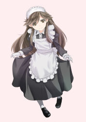 Rule 34 | 10s, 1girl, ajino (sakanahen), alternate costume, apron, arashio (kancolle), black dress, bow, brown eyes, brown hair, buttons, clothes lift, dress, dress lift, frilled apron, frills, full body, gloves, hiraki ajino, jintsuu (kancolle), kantai collection, loafers, long hair, long sleeves, looking at viewer, maid, maid apron, maid headdress, personification, pink background, puffy long sleeves, puffy sleeves, shoes, simple background, smile, solo, white bow, white gloves, white legwear