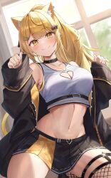 Rule 34 | animal ears, black hair, blonde hair, breasts, cat ears, cat girl, choker, cleavage, cleavage cutout, clothing cutout, crop top, cropped shirt, hair ornament, hairclip, heart cutout, highres, hololive, jacket, large breasts, long hair, menmen (menmen13s), midriff, navel, open clothes, open jacket, ponytail, skirt, smile, tail, virtual youtuber, yellow eyes, yozora mel, yozora mel (streetwear)