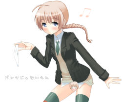 Rule 34 | 00s, 1girl, blue eyes, blush, bottomless, bow, bow panties, braid, brown hair, censored, character censor, holding, holding clothes, holding panties, holding underwear, ishizue, jacket, long hair, lynette bishop, musical note, necktie, no panties, novelty censor, panties, single braid, solo, strike witches, striped clothes, striped thighhighs, sweater vest, they&#039;re not panties, thighhighs, translated, underwear, world witches series