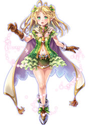 Rule 34 | 1girl, blonde hair, breasts, brown gloves, cape, dress, earrings, elf, frilled sleeves, frills, full body, gloves, green eyes, green ribbon, hair ribbon, highres, jewelry, long hair, looking at viewer, makirin, miniskirt, navel, open mouth, original, pointy ears, ribbon, shoes, short dress, short sleeves, simple background, skirt, small breasts, solo, solo focus, sparkle, teeth, twintails, white background