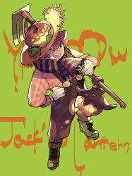 Rule 34 | 1boy, alternate costume, boots, brown overalls, character name, commentary request, creatures (company), freckles, game freak, gen 6 pokemon, gloves, green eyes, green footwear, hat, highres, hoe, holding, jack-o&#039;-lantern, long sleeves, male focus, milo (pokemon), natsuko (summer 525528), nintendo, open mouth, overalls, pink hair, pink shirt, pokemon, pokemon (creature), pokemon swsh, pumpkaboo, scarf, shirt, smile, standing, straw hat, teeth, white gloves