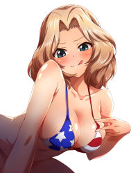 Rule 34 | 10s, 1girl, :q, american flag bikini, american flag print, bikini, bikini top only, blonde hair, blue eyes, blush, bottomless, breasts, cleavage, collarbone, commentary request, flag print, girls und panzer, hadome, highres, kay (girls und panzer), looking at viewer, medium breasts, print bikini, short hair, simple background, solo, star (symbol), swimsuit, tongue, tongue out, white background