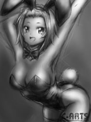 Rule 34 | 1girl, animal ears, arms up, bow, bowtie, breasts, cleavage, detached collar, fake animal ears, greyscale, large breasts, maguta, monochrome, original, playboy bunny, rabbit ears, rabbit tail, solo, tail, thighhighs, wrist cuffs
