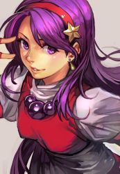 Rule 34 | 1girl, asamiya athena, earrings, hair ornament, hairband, hungry clicker, jewelry, long hair, looking at viewer, necklace, puffy short sleeves, puffy sleeves, purple eyes, purple hair, red hairband, sash, shirt, short sleeves, simple background, smile, snk, solo, star (symbol), star hair ornament, the king of fighters, the king of fighters &#039;95, upper body, v over eye, white shirt