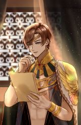 Rule 34 | 1boy, abs, artem wing (tears of themis), blue eyes, brown hair, cape, circlet, earrings, egyptian clothes, highres, holding, holding paper, indoors, jewelry, jtyldraws, muscular, muscular male, open mouth, paper, short hair, solo, tears of themis, window