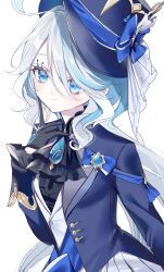 Rule 34 | 1girl, black gloves, black shirt, blue eyes, blue hair, blue headwear, blue jacket, closed mouth, commentary request, frilled sleeves, frills, furina (genshin impact), genshin impact, gloves, grey hair, hair over one eye, hand up, highres, index finger raised, jacket, long sleeves, looking at viewer, misumi (macaroni), multicolored hair, open clothes, open jacket, pleated skirt, shirt, simple background, skirt, smile, solo, streaked hair, tilted headwear, vest, white background, white skirt, white vest