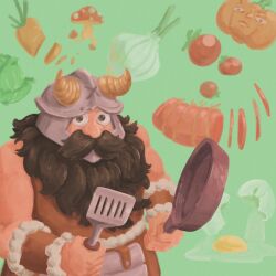 Rule 34 | 1boy, bare shoulders, beard, brown hair, cabbage, carrot, dungeon meshi, dwarf, facial hair, fake horns, food, frying pan, halfhankins, helmet, highres, holding, holding frying pan, horned helmet, horns, long beard, looking at viewer, male focus, meat, mushroom, mustache, personification, senshi (dungeon meshi), solo, spring onion, thick mustache, toned, toned male, upper body, very long beard