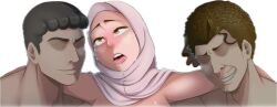 Rule 34 | 1girl, 2boys, cropped, faceless, faceless male, group sex, hijab, komikus fasik, multiple boys, netorare, open mouth, sandwiched, sex, simple background, tears, threesome, transparent background, upper bod