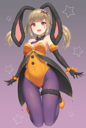 Rule 34 | 1girl, :d, animal ears, armpit peek, bare shoulders, black gloves, bow, breasts, brown hair, candy hair ornament, cleavage, commentary request, covered navel, detached collar, detached sleeves, elbow gloves, extra ears, facepaint, fake animal ears, food-themed hair ornament, full body, gloves, gluteal fold, gradient background, groin, hair ornament, halloween, halloween costume, jumping, legs up, leotard, light brown hair, long hair, looking at viewer, medium breasts, necktie, open mouth, orange footwear, orange leotard, orange ribbon, original, pantyhose, pink eyes, playboy bunny, purple background, purple necktie, purple pantyhose, rabbit ears, rabbit girl, ribbon, round teeth, sasaame, shoes, short necktie, sidelocks, simple background, sleeveless, smile, solo, star (symbol), starry background, teeth, thigh gap, thigh strap, twintails, wing collar, wrist ribbon, yellow footwear