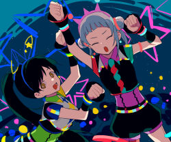 Rule 34 | 2girls, :o, arashi chisato, armlet, black hair, black shirt, black shorts, black sleeves, blush, clenched hands, closed eyes, coldcat., colorful, cowboy shot, cropped shirt, detached sleeves, dot nose, double bun, dutch angle, flat color, forehead, green shirt, hair bun, hands up, hazuki ren, high ponytail, highres, long hair, love live!, love live! superstar!!, lower teeth only, multicolored background, multiple girls, open mouth, outstretched arm, rectangular mouth, shirt, short bangs, shorts, sleeveless, sleeveless shirt, smile, teeth, v-shaped eyebrows, white hair, yellow eyes