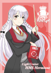 Rule 34 | 1girl, azu rentarou, azur lane, blush, braid, breasts, brown eyes, character name, commentary request, copyright name, cosplay, grey hair, gryffindor, harry potter (series), hermione (azur lane), hermione granger, hermione granger (cosplay), hogwarts school uniform, holding, holding wand, large breasts, logo parody, long hair, long sleeves, name connection, necktie, royal navy emblem (azur lane), school uniform, smile, striped neckwear, wand, wizarding world