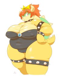 Rule 34 | 1girl, belly, black eyes, bowsette, bracelet, breasts, cameltoe, cleavage, cleft of venus, collar, covered erect nipples, eyebrows, fat, furry, furry female, hand on own hip, horns, huge breasts, jewelry, leotard, looking at viewer, mario (series), new super mario bros. u deluxe, nintendo, nipples, plump, red hair, short hair, solo, spiked bracelet, spiked collar, spikes, super crown, super mario bros. 1, super smash bros., thick thighs, thighs, turtle shell, white background, wide hips, woory