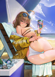 Rule 34 | 1girl, absurdres, ahoge, anis (nikke), anis (sparkling summer) (nikke), ass, beach, beach chair, bikini, blue sky, blush, breasts, brown eyes, brown hair, cameltoe, can, cloud, cooler, day, eyepatch bikini, eyewear on head, fieryonion, goddess of victory: nikke, highres, holding, holding can, huge breasts, ice, ice cube, looking at viewer, lying, on side, outdoors, short hair, skindentation, sky, solo, sunglasses, swimsuit, twisted torso, white bikini