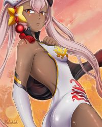 Rule 34 | 1girl, absurdres, alternate costume, armpit peek, ass, autumn, backless leotard, backless outfit, bare shoulders, black capelet, blush, breasts, capelet, cloud, colored eyelashes, covered erect nipples, dark-skinned female, dark skin, elbow gloves, female focus, fire emblem, fire emblem heroes, frown, gloves, gold trim, hair between eyes, hair ornament, highres, impossible clothes, kalesklok, laevateinn (fire emblem), leaf, leotard, long hair, looking at viewer, mask, mask on head, ninja, nintendo, orange eyes, pink hair, pink sky, red capelet, red tassel, shadow, shooting star, shuriken, shuriken hair ornament, sky, small breasts, solo, star (sky), tassel, taut clothes, thighs, tree, twintails, two-tone cape, very long hair, weapon, white leotard