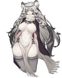 Rule 34 | 1girl, animal ears, arknights, arms at sides, braid, breasts, bright pupils, covered navel, cowboy shot, dress, expressionless, grey eyes, grey hair, grey thighhighs, highres, impossible clothes, impossible dress, large breasts, long hair, looking at viewer, pelvic curtain, pramanix (arknights), shawl, solo, tail, thighhighs, turtleneck, twin braids, very long hair, wtcolor
