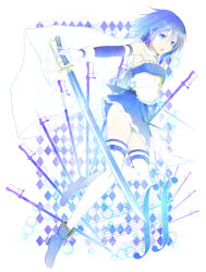 Rule 34 | 10s, 1girl, argyle, argyle background, argyle clothes, bad id, bad pixiv id, belt, blue eyes, blue hair, buckle, cape, fortissimo, full body, gloves, hair ornament, holding, holding sword, holding weapon, magical girl, mahou shoujo madoka magica, mahou shoujo madoka magica (anime), matching hair/eyes, merula, miki sayaka, musical note, musical note hair ornament, open mouth, pleated skirt, short hair, silhouette, simple background, skirt, solo, sword, thighhighs, weapon, white gloves, white skirt, white thighhighs, zettai ryouiki