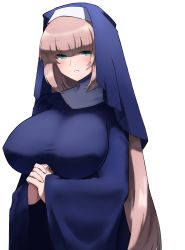 Rule 34 | 1girl, akira (ysfp7542), blonde hair, blue eyes, blunt bangs, blush, bombergirl, breasts, covered erect nipples, cowboy shot, habit, highres, interlocked fingers, large breasts, long hair, looking at viewer, nun, own hands together, parted lips, raised eyebrows, sepia belmont, smile, solo, white background