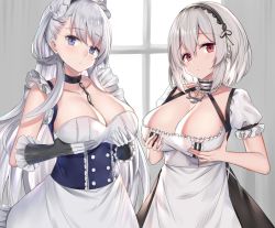 Rule 34 | 2girls, azur lane, belfast (azur lane), blush, braid, breast hold, breasts, closed mouth, collarbone, commentary request, day, french braid, frilled gloves, frills, gloves, grabbing, grabbing another&#039;s breast, hair between eyes, hairband, head tilt, indoors, kanikou, lace-trimmed hairband, lace trim, large breasts, long hair, looking at viewer, maid, maid headdress, multiple girls, pillow, puffy sleeves, purple eyes, red eyes, short hair, short sleeves, sidelocks, sirius (azur lane), smile, standing, very long hair, white gloves, white hair, window