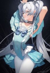 Rule 34 | 1girl, absurdres, armpits, arms up, black survival, blue eyes, blue leotard, choker, collarbone, covered navel, elena (black survival), eternal return: black survival, flat chest, highres, leotard, long hair, looking at viewer, pantyhose, ribbon, snowflake ornament, solo, tunamayo (dsasd751), twintails, very long hair, white hair, white pantyhose
