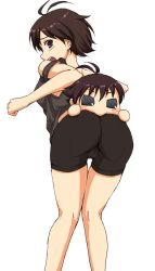 Rule 34 | 2girls, ass, bike shorts, chibi, idolmaster, idolmaster (classic), kikuchi makoto, makochii, multiple girls, nigiriushi, puchimasu!