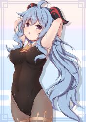 Rule 34 | 1girl, absurdres, ahoge, armpits, arms up, bare arms, bell, black leotard, blue hair, blush, bodystocking, bodysuit, breasts, brown pantyhose, cameltoe, cleft of venus, covered erect nipples, covered navel, ganyu (genshin impact), genshin impact, gold trim, groin, highres, leotard, leotard under clothes, long hair, looking at viewer, low ponytail, medium breasts, mellpon, neck bell, open mouth, pantyhose, purple eyes, see-through, sidelocks, sleeveless, solo, standing, thighlet
