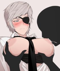 Rule 34 | absurdres, blouse, breasts squeezed together, breast sucking, breasts, breasts out, eyepatch, highres, kya (kyamonhara), lactation, necktie, original, puffy nipples, scar, scar on face, shirt, short hair, white shirt