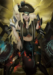 Rule 34 | 2girls, abyssal ship, aiguillette, armor, black gloves, black hat, black legwear, black vest, blonde hair, blue eyes, broken, broken sword, broken weapon, buttons, clone, closed eyes, cowboy shot, dark persona, elbow gloves, feathers, gloves, hat, headphones, headphones removed, highres, holding, holding headphones, katana, lexington (warship girls r), liyou-ryon, long hair, looking at viewer, machinery, midriff, multiple girls, navel, one eye covered, open mouth, pantyhose, pelvic curtain, shirt, short sleeves, shoulder armor, sword, thigh strap, torn clothes, torn legwear, vest, warship girls r, weapon, white shirt