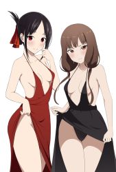 Rule 34 | 2girls, bare shoulders, black dress, black hair, blunt bangs, blush, breasts, brown eyes, brown hair, cleavage, closed mouth, clothes lift, coro fae, dot nose, dress, dress lift, evening gown, folded ponytail, hand up, highres, iino miko, kaguya-sama wa kokurasetai ~tensai-tachi no renai zunousen~, lifted by self, long hair, looking at viewer, low twintails, medium breasts, multiple girls, nervous smile, no bra, no panties, plunging neckline, red dress, red eyes, red ribbon, ribbon, shinomiya kaguya, sidelocks, simple background, small breasts, smile, spaghetti strap, sweatdrop, thighs, twintails, underwear, white background