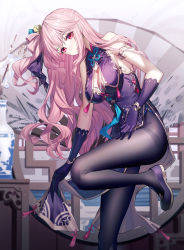 Rule 34 | 1girl, bare shoulders, black pantyhose, blush, breasts, china dress, chinese clothes, cleavage, commentary request, dress, emily stock, flower, gloves, highres, large breasts, looking at viewer, one side up, original, pantyhose, pelvic curtain, pink hair, purple footwear, purple gloves, red eyes, ririko (zhuoyandesailaer), shoes, sleeveless, sleeveless dress, solo, star (symbol), thighband pantyhose, vase, white flower