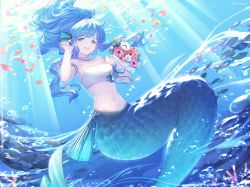 Rule 34 | 1girl, artist request, bad id, bad pixiv id, blue eyes, blue hair, blue ribbon, fins, fish, flower, groin, happy, head fins, kneeless mermaid, long hair, mermaid, midriff, monster girl, navel, open mouth, ponytail, puyopuyo, ribbon, serilly (puyopuyo), sitting, solo, stomach, strapless, tube top, underwater, very long hair, wavy hair, white tube top