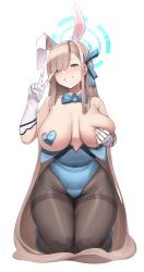 Rule 34 | 1girl, absurdres, animal ears, asuna (blue archive), asuna (bunny) (blue archive), bad id, bad pixiv id, bare shoulders, black pantyhose, blue archive, blue eyes, blue footwear, blue leotard, breasts, brown hair, collar, covering privates, covering breasts, fake animal ears, gloves, grabbing own breast, hair ribbon, heart pasties, high heels, highres, kneeling, large breasts, leotard, long hair, looking at viewer, mole, mole on breast, mung (larnec), open mouth, pantyhose, pasties, playboy bunny, revision, ribbon, shiny clothes, simple background, smile, solo, v, very long hair, white background, white gloves