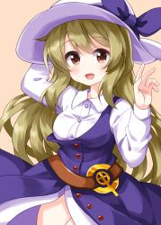 Rule 34 | 1girl, :d, blonde hair, blue dress, brown eyes, cowboy shot, dress, hand on headwear, hat, hat ribbon, highres, long hair, long sleeves, looking at viewer, open mouth, purple ribbon, ribbon, ruu (tksymkw), simple background, single strap, smile, solo, standing, touhou, watatsuki no toyohime, white hat, yellow background