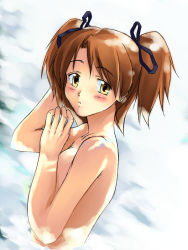 Rule 34 | 00s, 1girl, blush, breasts, brown eyes, brown hair, completely nude, covering privates, covering breasts, dozepara, hair ribbon, nude, nude cover, ribbon, sister princess, solo, twintails, yellow eyes, yotsuba (sister princess)