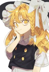 Rule 34 | 1girl, black vest, blonde hair, bow, braid, collared shirt, hair bow, hand on own face, hat, hat bow, highres, himagon, kirisame marisa, long hair, looking at viewer, shirt, short sleeves, side braid, simple background, single braid, smile, solo, touhou, upper body, vest, white background, white bow, white shirt, witch hat, yellow eyes