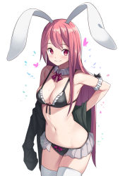 Rule 34 | 1girl, animal ears, arm garter, bikini, black bikini, blush, breasts, cleavage, commentary, frilled bikini, frills, heart, long hair, looking at viewer, maid, maid bikini, medium breasts, navel, original, parted lips, pink hair, rabbit ears, red eyes, saiste, simple background, smile, solo, stomach, swimsuit, symbol-only commentary, thighhighs, unconventional maid, undressing, very long hair, white background, white thighhighs