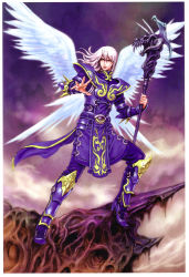 Rule 34 | 1boy, absurdres, angel wings, armor, belt, full body, highres, loincloth, long hair, male focus, mu online, non-web source, outdoors, sky, smile, solo, soul master, staff, standing, white hair, wild flower, wind, wings, yamashita shun&#039;ya