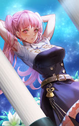 Rule 34 | 1girl, arms up, belt, black dress, blush, breasts, buttons, chibi vanille, commentary, cowboy shot, double-breasted, dress, female focus, fire emblem, fire emblem: three houses, garreg mach monastery uniform, highres, hilda valentine goneril, large breasts, long hair, looking at viewer, matching hair/eyes, nintendo, parted lips, pink eyes, pink hair, shirt, short dress, short sleeves, solo, standing, thighhighs, thighs, twintails, white shirt, zettai ryouiki