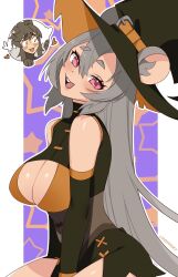 Rule 34 | 1boy, 1girl, absurdres, animal ear fluff, animal ears, artist name, basil (vtuber), black dress, black hat, boo the rat, breasts, brown hair, buck teeth, chibi, chibi inset, cleavage, cleavage cutout, clothing cutout, detached sleeves, dress, ears through headwear, grey hair, hat, highres, indie virtual youtuber, long hair, looking at viewer, lovefrisky, mouse ears, mouse girl, open mouth, pink eyes, short eyebrows, smile, solo focus, star (symbol), teeth, upper teeth only, virtual youtuber, witch hat, wolf boy, wolf ears, wolf paws