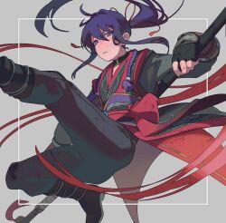 1boy ass black_footwear black_gloves black_kimono black_pants boots border cleavage_cutout clothing_cutout ensemble_stars! fingerless_gloves floating_clothes floating_hair flying_kick from_below gloves grey_background hair_between_eyes hair_ribbon hatena_to_kinoko highres holding holding_polearm holding_weapon jacket japanese_clothes kanzaki_souma kicking kimono kimono_collar legs_up long_hair long_sleeves looking_at_viewer male_focus mandarin_collar obi obijime official_alternate_costume pants parted_lips polearm ponytail purple_eyes purple_hair red_ribbon ribbon sash sidelocks solo spear v-shaped_eyebrows weapon white_border