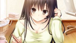 Rule 34 | 1girl, black eyes, black hair, blush, breasts, chair, cleavage, coffee, cup, game cg, hitsuji takako, holding, holding own hair, kiss ato, large breasts, long hair, looking at viewer, natsume azusa, pen, sitting, solo, steam, towel, wooden floor, writing