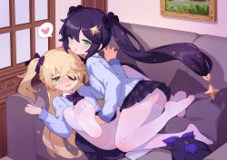 Rule 34 | 2girls, absurdres, blonde hair, blue sweater, blush, bow, bowtie, couch, eyepatch, feet, fischl (genshin impact), full body, genshin impact, girl on top, green eyes, hair between eyes, hair bow, hair ribbon, heart, highres, long hair, long sleeves, looking at viewer, lying, mona (genshin impact), multiple girls, on back, on couch, pantyhose, parted lips, plaid, plaid skirt, purple bow, purple bowtie, purple hair, purple skirt, revision, ribbon, skirt, sleeveless, spoken heart, stuffed animal, stuffed bird, stuffed toy, sweater, thighband pantyhose, tsubasa tsubasa, twintails, two side up, very long hair, white pantyhose