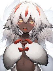 Rule 34 | 1girl, absurdres, blush, claws, dark-skinned female, dark skin, faputa, flat chest, fur, hair between eyes, highres, long hair, made in abyss, monster girl, multiple tails, navel, open mouth, sharp teeth, simple background, solo, tab head, tail, teeth, topless, white background, white hair, yellow eyes