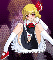 Rule 34 | 1girl, :p, blonde hair, blush, embodiment of scarlet devil, female focus, hair ribbon, mary janes, mizuki hitoshi, mosaic background, red eyes, ribbon, rubbing, rumia, sexually suggestive, shoes, short hair, solo, grid background, tongue, tongue out, touhou